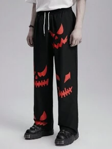 ROMWE MEN Goth Men's Drawstring Waist Graphic Print Slant Pockets Casual Woven Black And Red Pants, For Halloween - Black - View 5