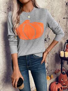 Chiquease 女士圆领长袖南瓜印花休闲套头毛衣