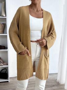 SHEIN Cottnline Women's Solid Color Bat Sleeve Double Pocket Pineapple Flower Cardigan For Autumn/Winter - Khaki - View 5