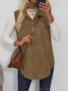 SHEIN LUNE Áo khoác nữ không tay màu trơn đơn giản, thoải mái, không nút phía trước - màu nâu - Xem 3