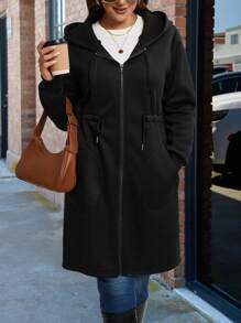 SHEIN LUNE Áo khoác trùm đầu thường ngày có khóa kéo túi trước màu trơn cỡ lớn, mặc hàng ngày - màu đen - Xem 5