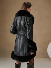 Anewsta Thickened Shearling Fur-Trimmed Fluffy Fluffy Cinched Waist Regular Women Jacket - Black - View 3