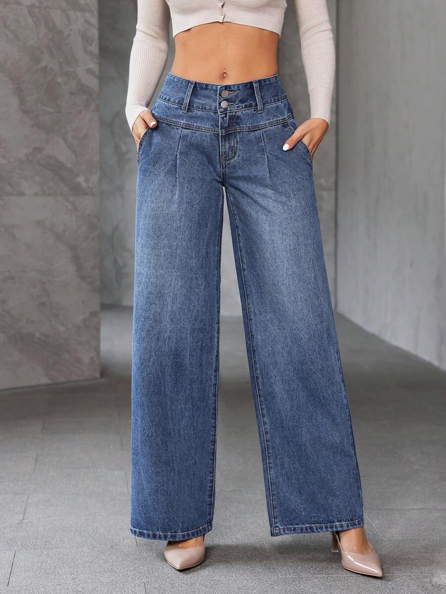 SHEIN Essnce 女式宽松休闲喇叭牛仔裤，带口袋 - 藍色 - 查看 1