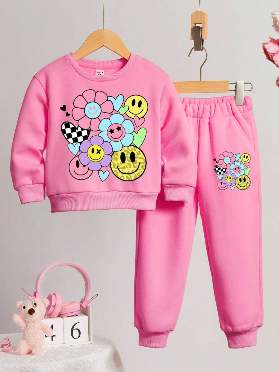 SHEIN 2 件套厚款保暖内衬运动衫和裤子套装，适合年轻女孩，休闲装，适合秋冬季 - 玫紅色 - 查看 1