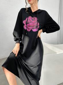 Modelyn Áo hoodie rút dây họa tiết hoa dành cho nữ, Áo nỉ thời trang thường ngày - màu đen - Xem 3