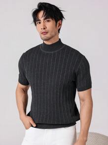 Manfinity Homme 男士休闲纯色立领短袖针织上衣，春秋季 - 黑色 - 查看 4