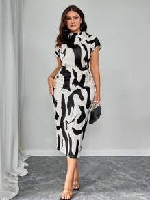 Elenzga 秋季加大码女装高领紧身弹力黑白印花腰部褶皱修身迷你连衣裙长款女装假日女装 - 彩色 - 查看 5