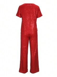 女士夏季纯色圆领短袖上衣和裤子套装，闪亮亮片，街头风 - 酒紅色 - 查看 7