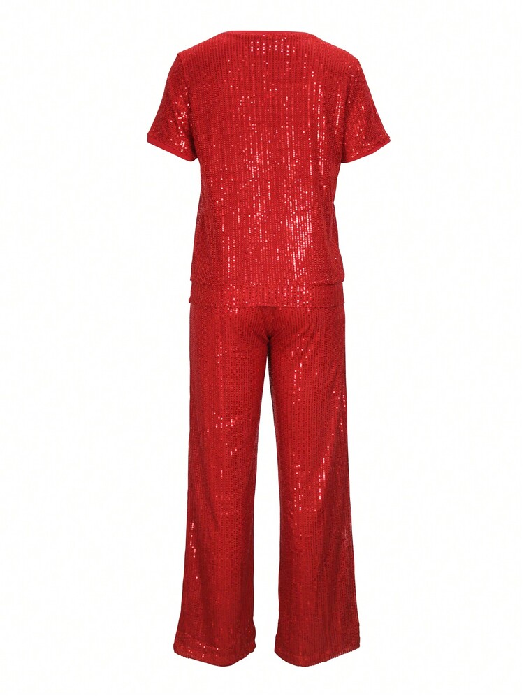 女士夏季纯色圆领短袖上衣和裤子套装，闪亮亮片，街头风 - 酒紅色 - 查看 7
