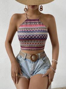 Breezaya Áo hai dây hở lưng in họa tiết hoa ngẫu nhiên ôm vừa vặn cho nữ - Nhiều màu - Xem 6