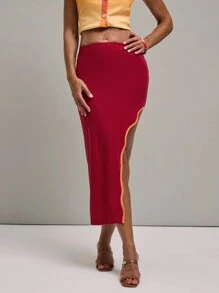 SHEIN Unity 女士撞色饰边荷叶边下摆休闲 A 字裙，旅游和休闲 - 彩色 - 查看 1