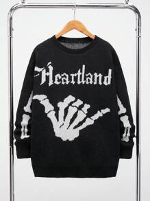 SHEIN 青少年男童休闲舒适百搭万圣节街头风保暖骷髅字母提花针织圆领宽松保暖毛衣，适合返校、秋季、秋冬季穿着。 - 黑與白 - 查看 3