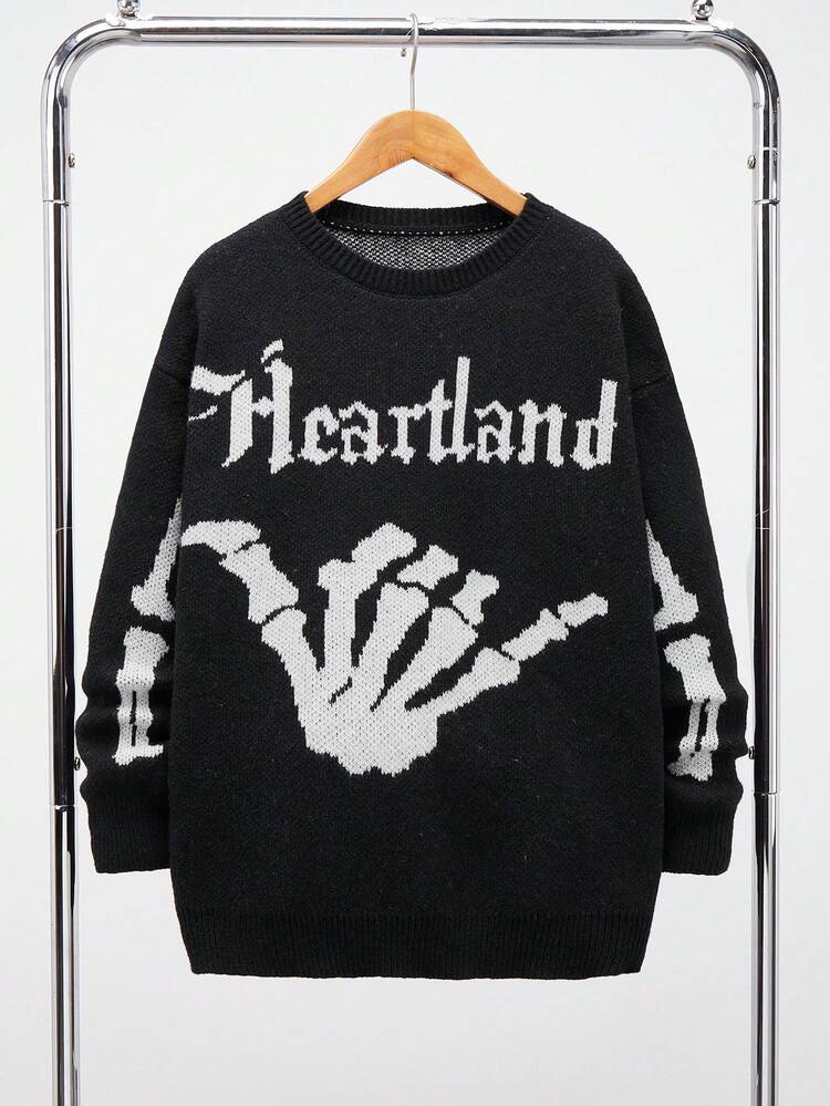 SHEIN 青少年男童休闲舒适百搭万圣节街头风保暖骷髅字母提花针织圆领宽松保暖毛衣，适合返校、秋季、秋冬季穿着。 - 黑與白 - 查看 3