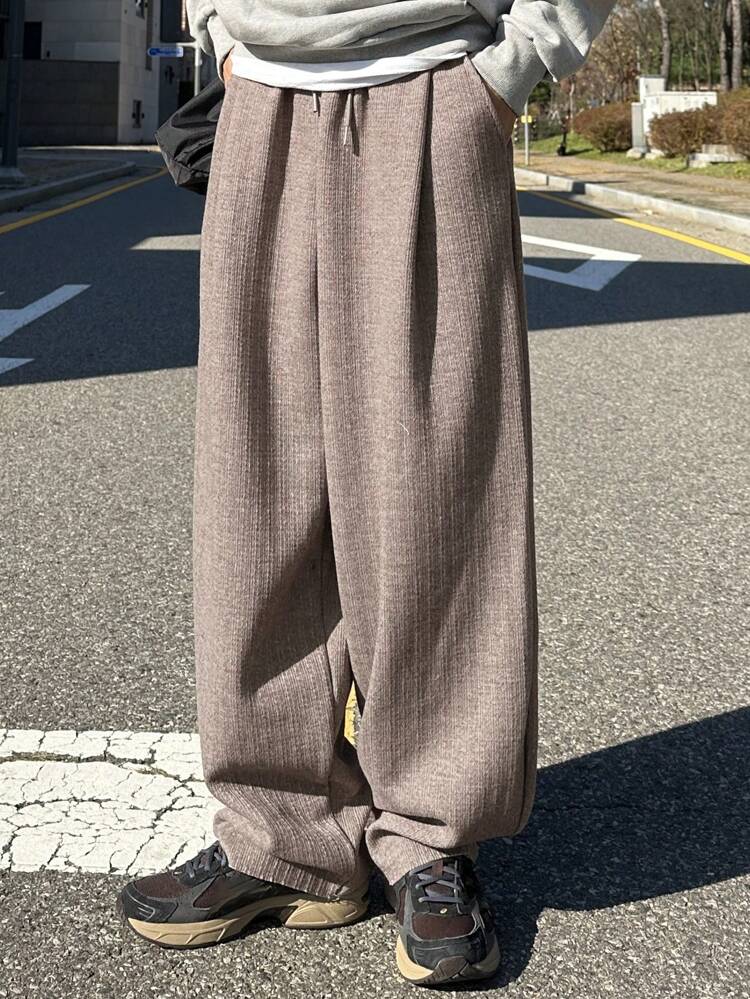 Men's Solid Color Pocketed Wide Leg Loose Fleece Pants For Autumn Men Joggers