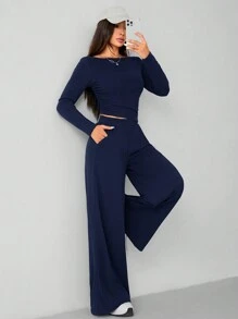 SHEIN PETITE Autumn And Winter Women's Knitted Slim Top + Wide Leg Pants Casual And Comfortable Home Dark Gray Two Pieces Set - Navy Blue - View 8