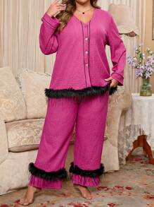 Knitted Long Sleeve Sleepwear Set, Plus Size - Hot Pink - View 4