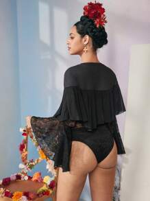 KATHARSIS Frida Kahlo X SHEIN X Designer Body con volantes y encaje en capas, con estampado floral y de letras, ideal para vacaciones, Acción de Gracias, primavera y festivales - Negro - Ver 2