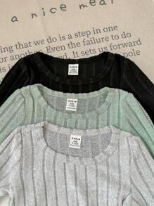 SHEIN LMoss Kids LMoss 3-4 件套女婴冬季休闲罗纹针织喇叭裤套装，适合户外、派对和场合 - 灰色 - 查看 5