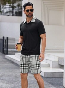 Manfinity ModaGents 2pcs  Solid Color Patchwork Short Sleeve Casual Top And Shorts Set