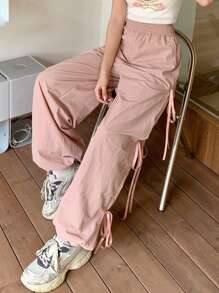 DAZY 女式纯色系带宽松休闲裤 - 粉色 - 查看 6