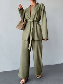 SHEIN Two Pieces With Belt Details, Cozy Sets, Easy To Wear At Home And Outdoor - Black - View 3