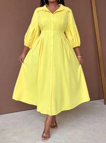 Maweii Đầm Maxi Dài Tay Xếp Ly Cổ Áo Sơ Mi Màu Trơn Cỡ Lớn Cài Nút Phía Trước Trang Phục Thường Ngày Cho Nữ - Màu vàng - Xem 6