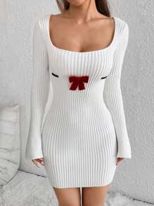 Flirla Women's Fashion Bow Accent Long Sleeve Sweater Dress - White - View 5