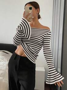 DAZY Blusa de punto con hombros descubiertos a rayas, suéter de otoño para mujer con parte superior de hombros descubiertos - Negro - Ver 4