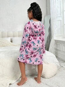 SHEIN Tween Girl's Bow Decor Long Sleeve Hooded Removable Waist Belt Flannel Bathrobe, Autumn/Winter - Pink - View 2