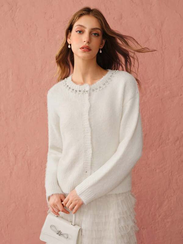 Enchnt Maglione casual ed elegante da donna con collo rotondo, polsini con bottoni e maniche lunghe, maglioni natalizi, maglioni da donna, cardigan da donna