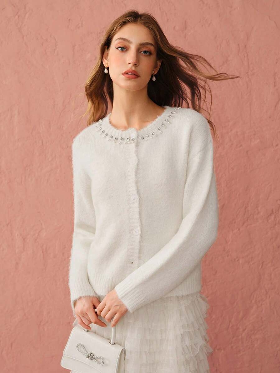 Enchnt Maglione casual ed elegante da donna con collo rotondo, polsini con bottoni e maniche lunghe, maglioni natalizi, maglioni da donna, cardigan da donna