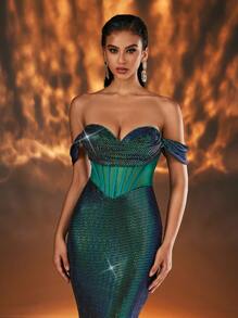 Glamrae Elegant And Gorgeous Dark Green Off-The-Shoulder Stretch Sequin Knit Push-Up And Tight Boned High Waist Mermaid Dress, Suitable For Prom, Wedding Party, Evening Party Prom Dinner Dress (Heavy Industrial Style), Formal Gown, For Wedding Guest, Graduation