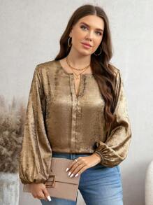 SHEIN LUNE Goudkleurige comfortabele stof voorpaneelontwerp Lange mouw Elastische manchet Plus-size shirt Winterkleding