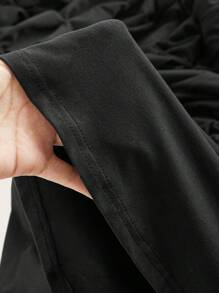 SHEIN MOOSTA 大码女式方领长袖褶皱优雅纯色连衣裙，黑色长款女装 - 黑色 - 查看 4