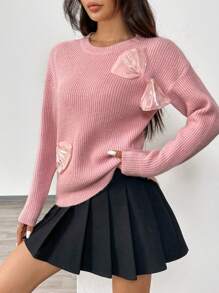 Chiquease Women's Casual Crewneck Drop Shoulder Bow Decor Sweater, Autumn/Winter Knit Pullover Fall Outfit