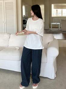 DAZY 2 件套休闲圆领 T 恤和格子裤睡衣套装