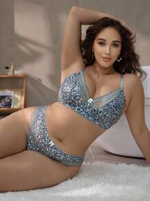 Plus Size 2pcs Floral Print Lingerie Set