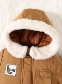 SHEIN 新生儿男女宝宝加厚保暖抓绒连帽连体衣，字母拼接设计，适合秋冬季户外活动和滑雪 - 彩色 - 查看 4