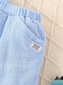 SHEIN 男婴/女婴新款春秋简约运动裤和长袖套装，男婴圆领插肩袖运动衫和裤子套装，韩式休闲透气四季服装，独特口袋设计柔软舒适耐穿裤子，柔软舒适亲肤纯色休闲婴儿服装，优质梭织面料 - 藍色 - 查看 3