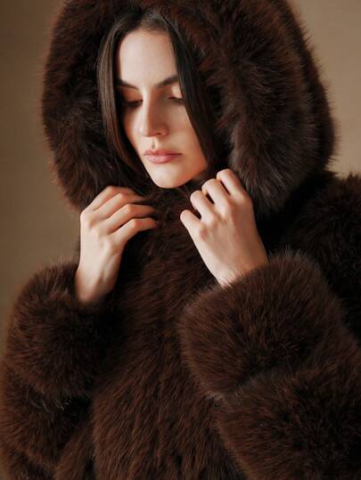Anewsta New Fashionable Faux Fox Fur Coat For Women, Warm Furry Outwear For Autumn & Winter