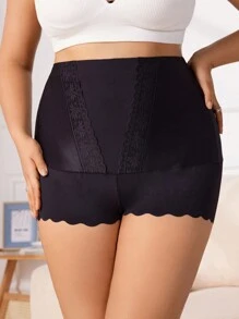 Plus Size Black High Waisted Scallop Trim Shapewear Shorts For Women Casual Comfy Stretch Fabric Underwear