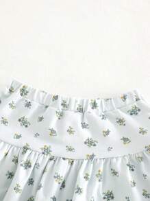 Cozy Pixies Young Girl Solid Color Square Neck Bubble Short Sleeve Top And Skirt Set - Blue - View 4