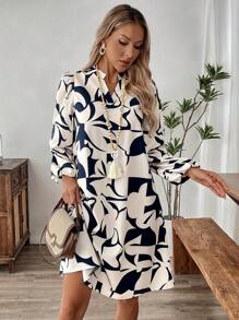 EMERY ROSE Women's Geometric Pattern Casual Daily Long Sleeve Dress