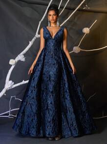 Glamrae 优雅海军蓝奢华 3D 提花 V 领高腰修身美人鱼连衣裙，带超大亮片，多用途，适合约会、派对、婚礼、正式活动、舞会晚礼服、婚礼嘉宾、毕业典礼、晚宴 - 藏蓝色 - 查看 8