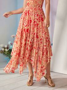 Frida Kahlo X SHEIN X Designer RAUL OROZCO Boho Bohemian Floral Printed Asymetrical Mesh Skirt, Holiday, Party, Thanksgiving, Vacation, Spring & Summer, Festival