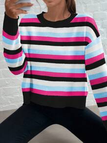 SHEIN LUNE كنزة صوفية بياقة طاقم بأكمام طويلة مخططة باللونين للنساء