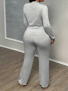 Slaydiva Áo dài tay in hình trái tim màu xám thanh lịch giản dị cỡ lớn và quần dài cho nữ 2 món/bộ - Xám - Xem 2