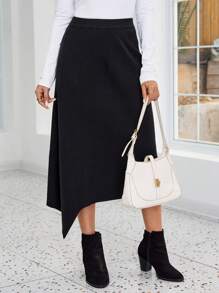 EMERY ROSE 女士弹性腰部不对称下摆针织毛衣裙 - 黑色 - 查看 1