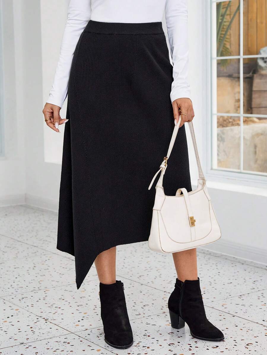 EMERY ROSE 女士弹性腰部不对称下摆针织毛衣裙 - 黑色 - 查看 1