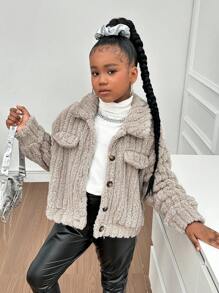 SHEIN 秋冬季 Tween Girl 双面纯色领口长袖夹克 - 駝色 - 查看 4